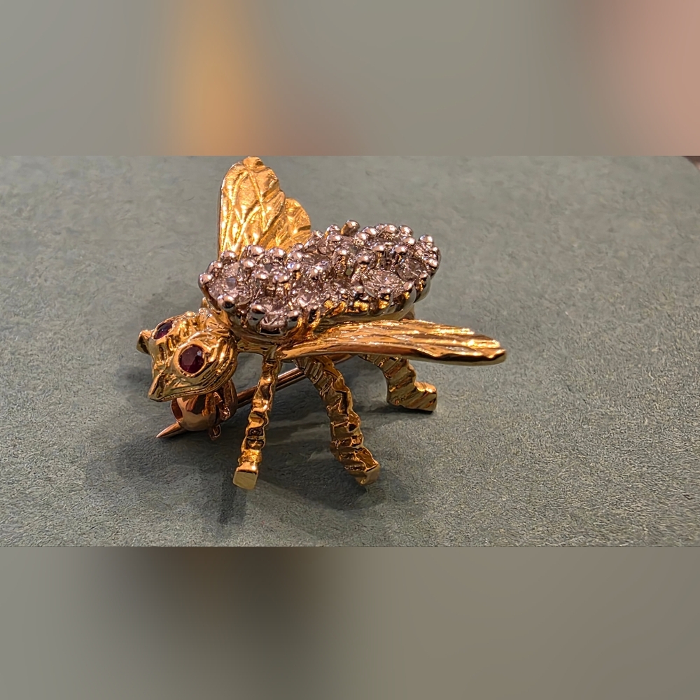 Gold and Silver Bee Brooch with Red Accents